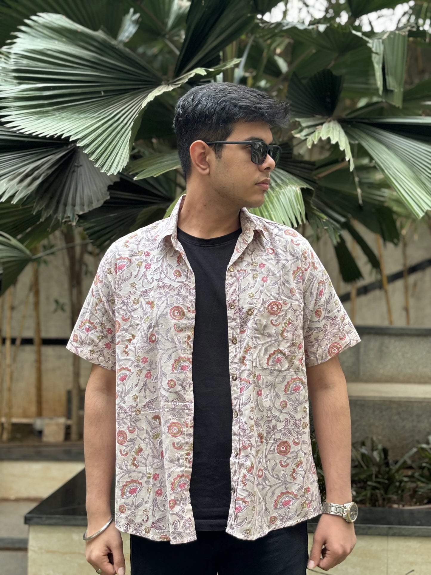 Grey Floral Sanganeri Cotton Shirt – Hand Block Printed | Aasmaan