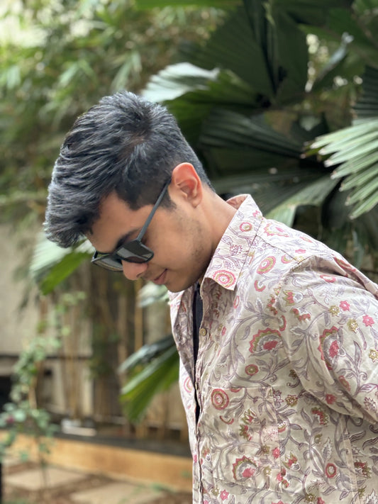 Grey Floral Sanganeri Cotton Shirt – Hand Block Printed | Aasmaan