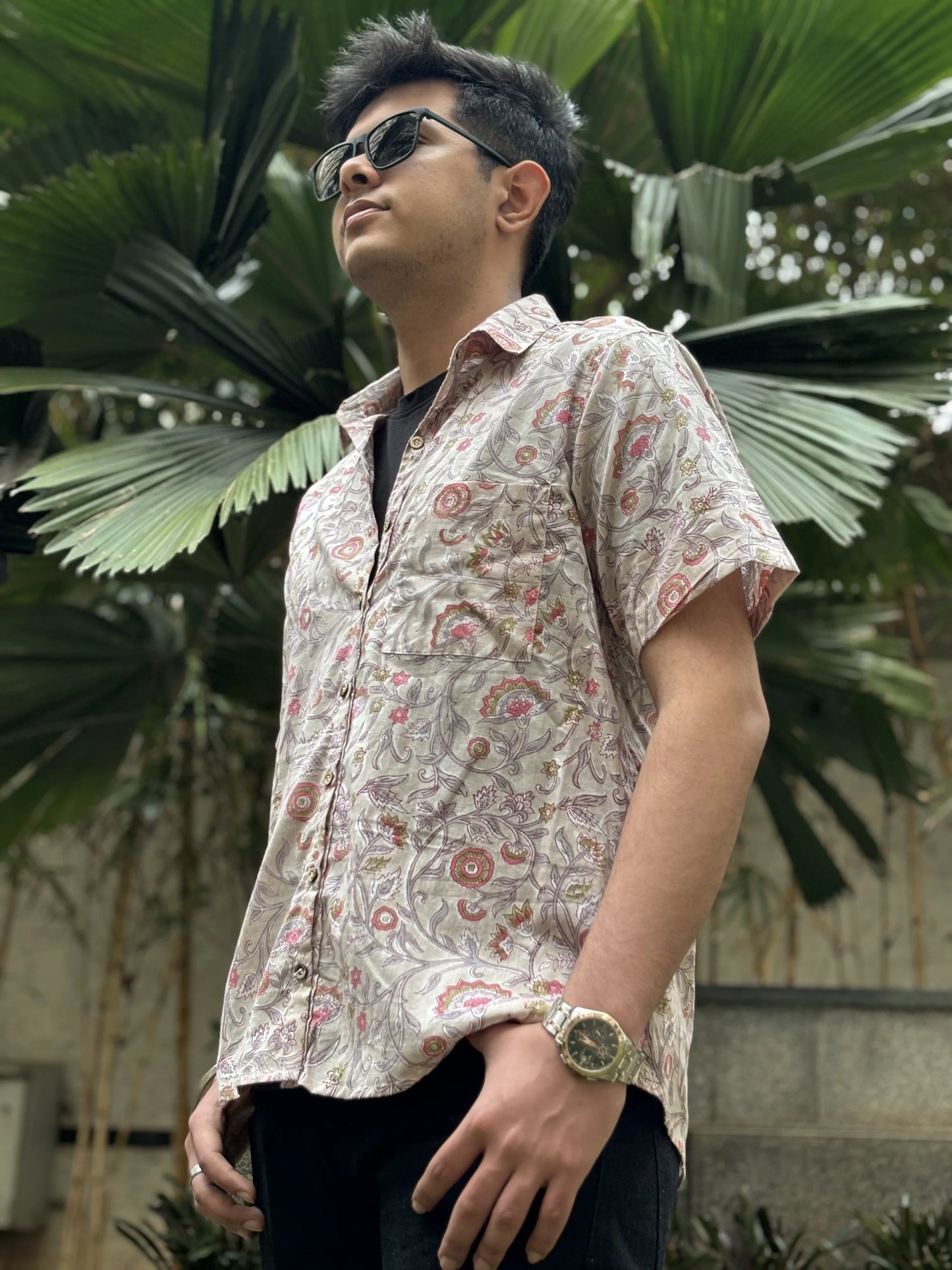 Grey Floral Sanganeri Cotton Shirt – Hand Block Printed | Aasmaan