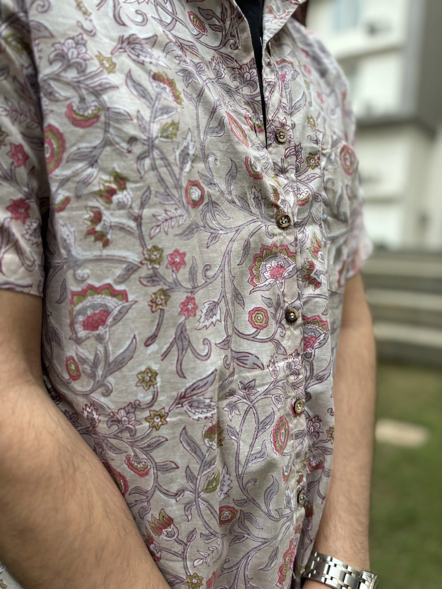 Grey Floral Sanganeri Cotton Shirt – Hand Block Printed | Aasmaan