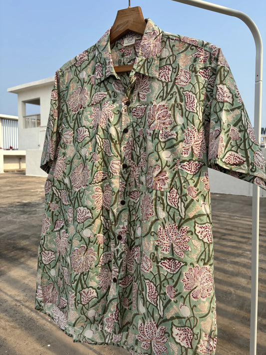 Green Floral Sanganeri Cotton Shirt for Men – Hand Block Printed