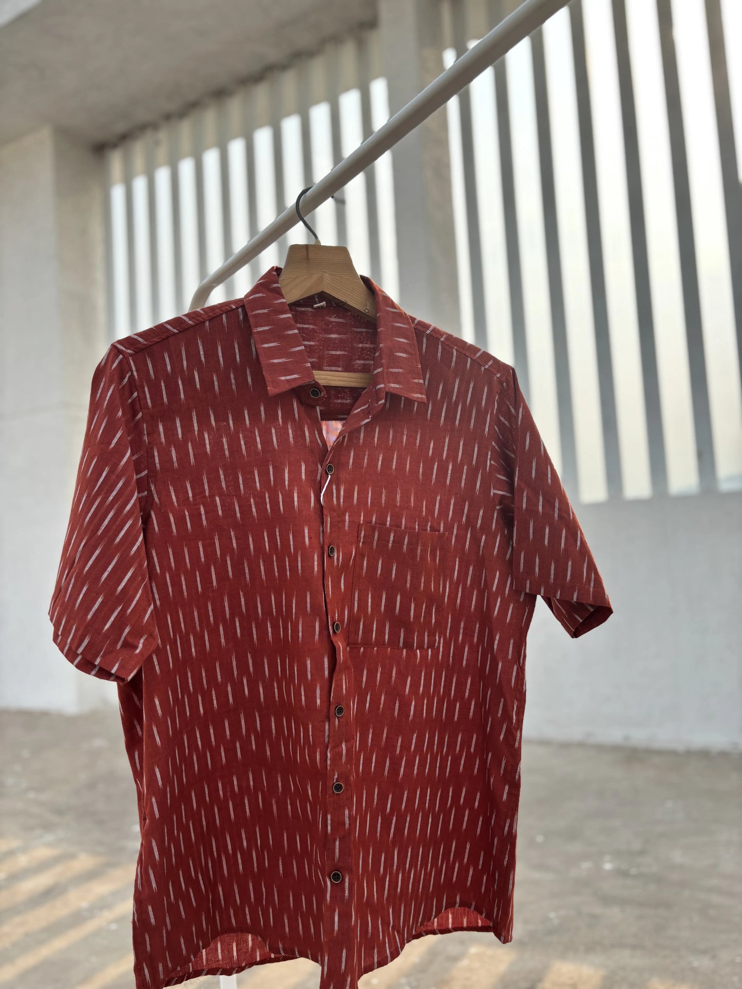 Burnt Orange Ikat Cotton Shirt for Men – Relaxed Fit, Wooden Buttons | Aasmaan