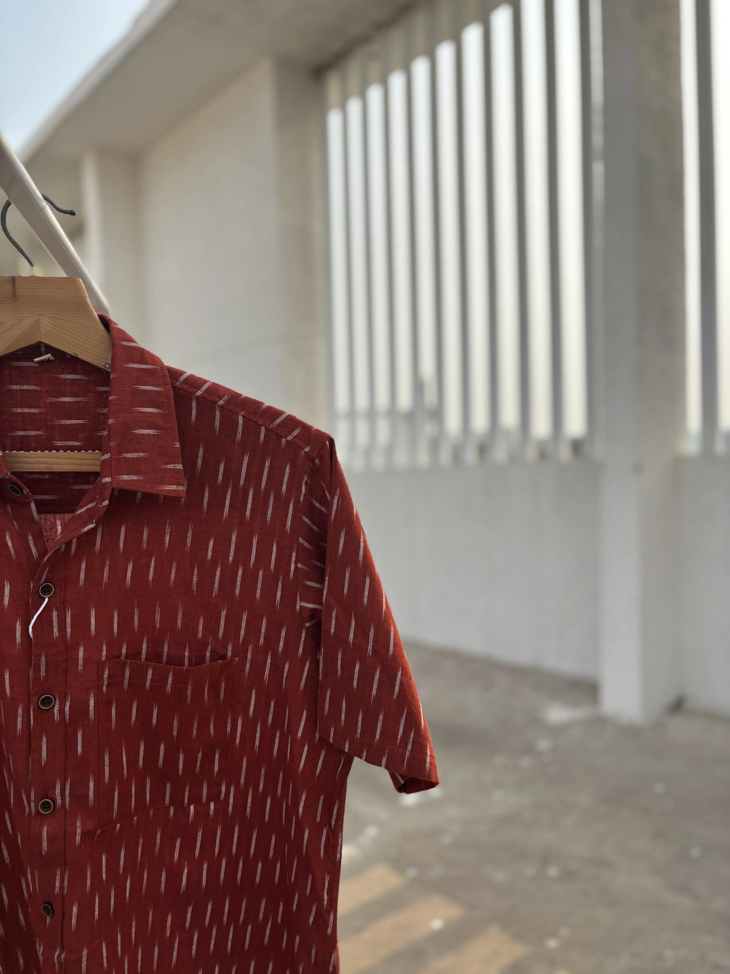 Burnt Orange Ikat Cotton Shirt for Men – Relaxed Fit, Wooden Buttons | Aasmaan
