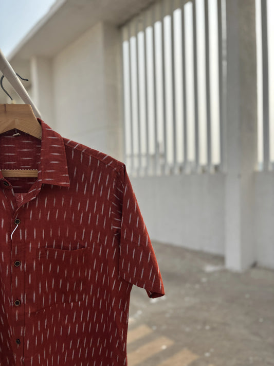 Burnt Orange Ikat Cotton Shirt for Men – Relaxed Fit, Wooden Buttons | Aasmaan