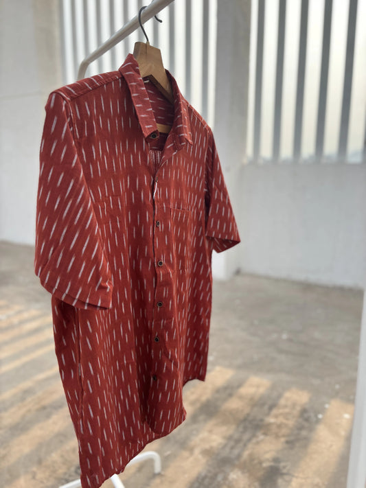 Burnt Orange Ikat Cotton Shirt for Men – Relaxed Fit, Wooden Buttons | Aasmaan