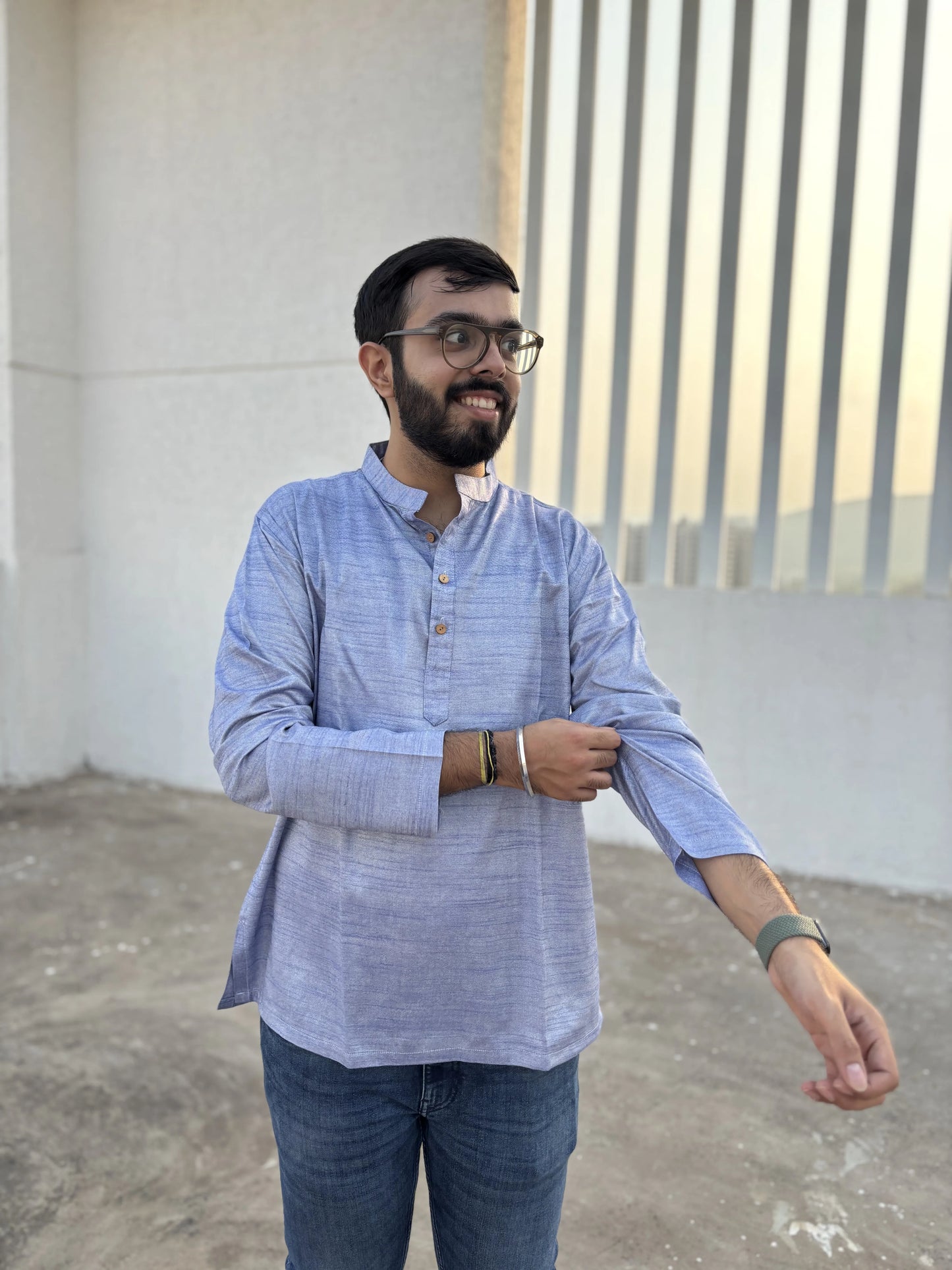 Sky Blue Bhagalpuri Cotton Short Kurta for Men | Aasmaan