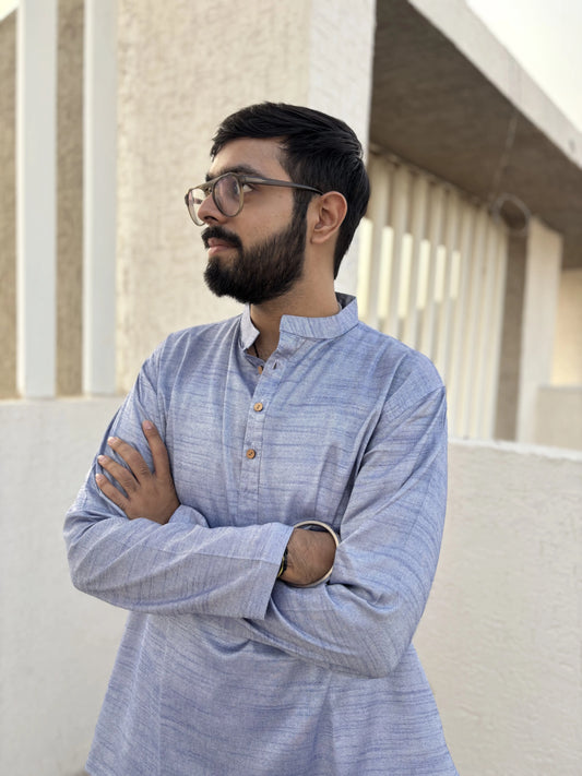 Sky Blue Bhagalpuri Cotton Short Kurta for Men | Aasmaan