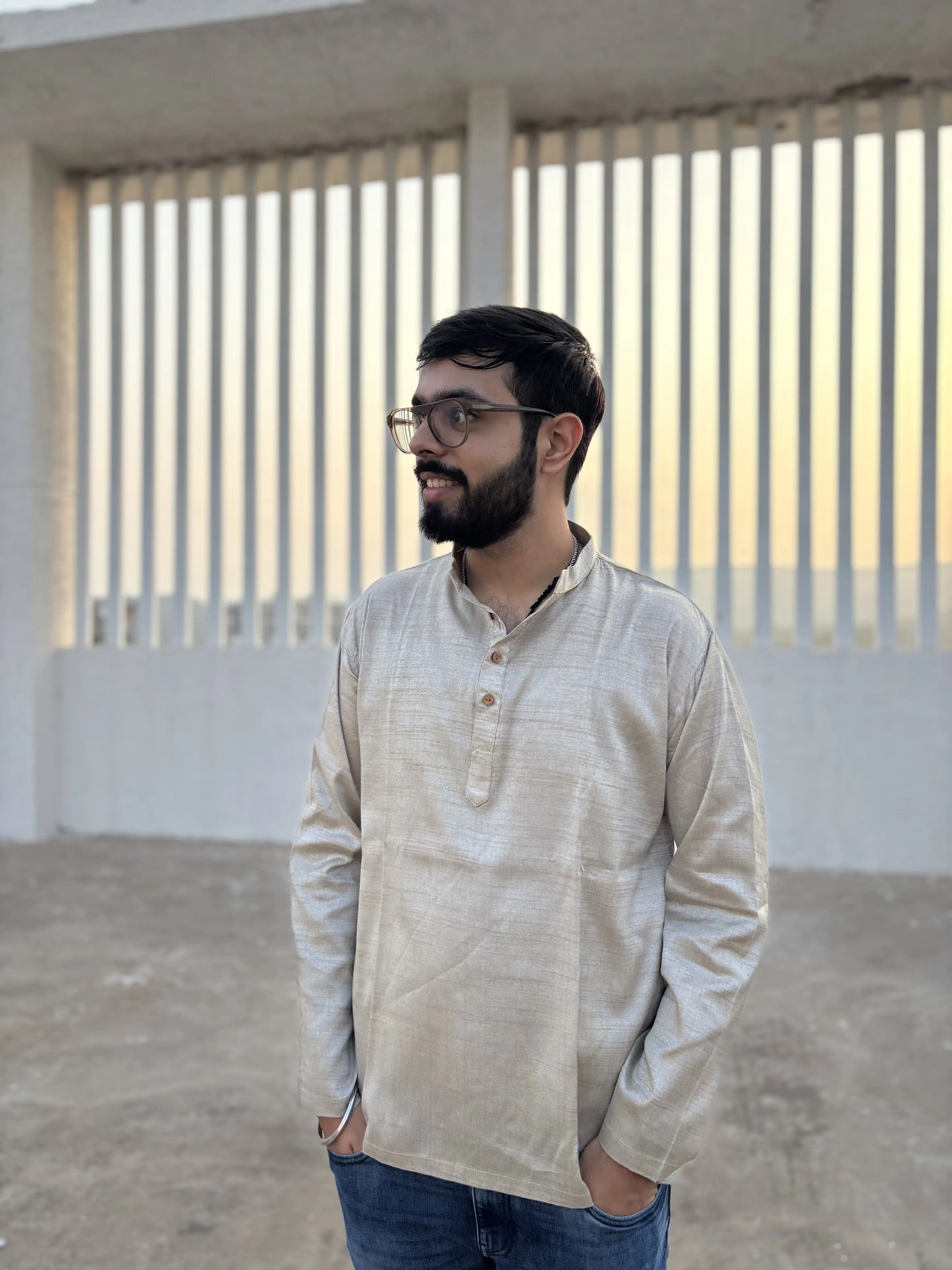 Light Gold Bhagalpuri Cotton Short Kurta for Men | Aasmaan