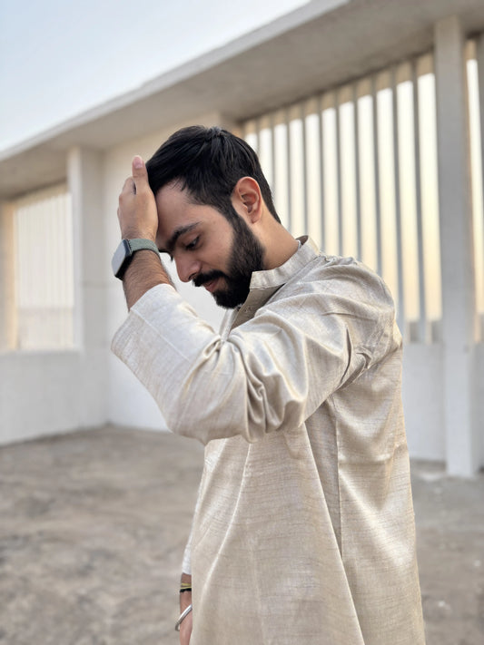 Light Gold Bhagalpuri Cotton Short Kurta for Men | Aasmaan