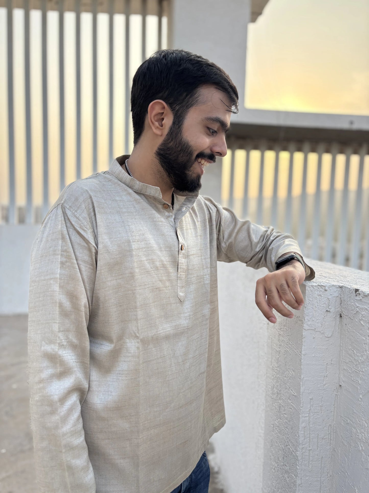 Light Gold Bhagalpuri Cotton Short Kurta for Men | Aasmaan