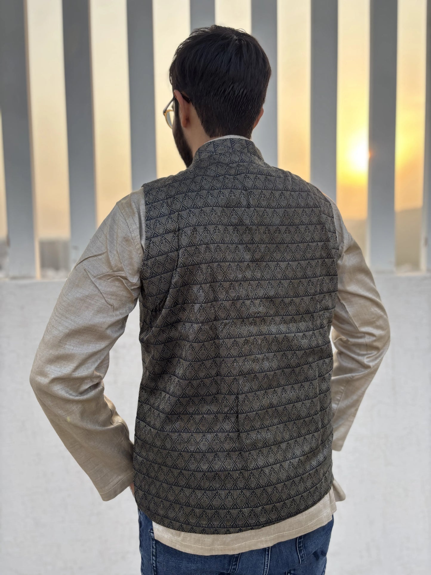 Black Bhagalpuri Cotton Waistcoat for Men | Aasmaan
