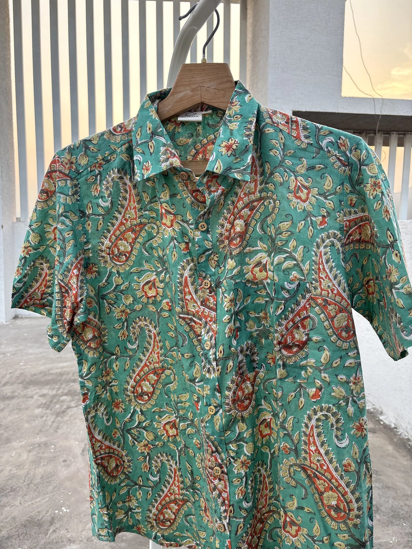 Green Floral Sanganeri Cotton Shirt with Wooden Buttons | Aasmaan