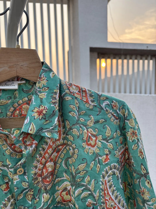 Green Floral Sanganeri Cotton Shirt with Wooden Buttons | Aasmaan