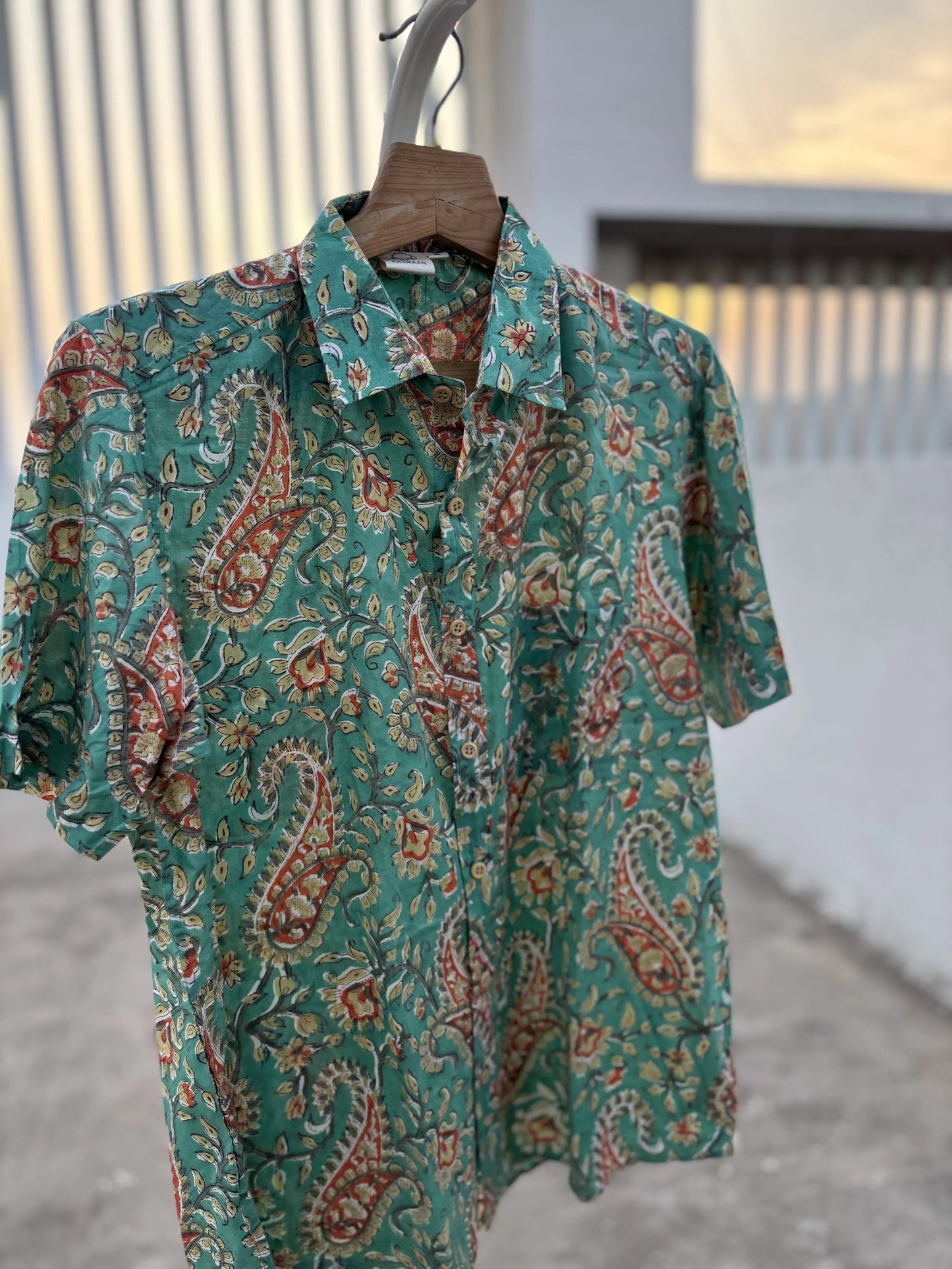 Green Floral Sanganeri Cotton Shirt with Wooden Buttons | Aasmaan