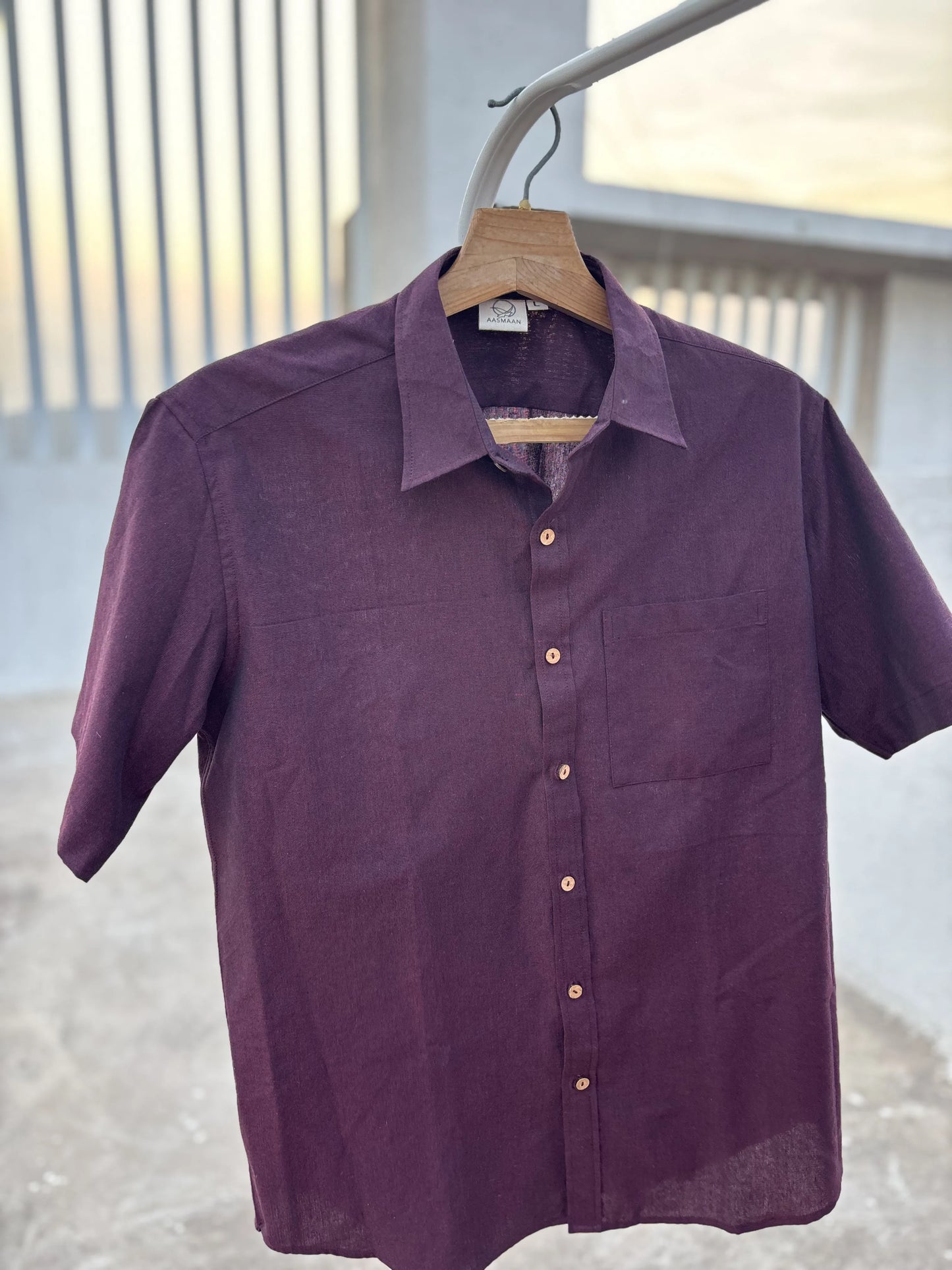 Dark Maroon Handwoven Cotton Shirt for Men | Solid Color | Coconut Shell Buttons