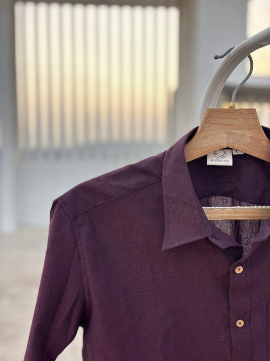Dark Maroon Handwoven Cotton Shirt for Men | Solid Color | Coconut Shell Buttons