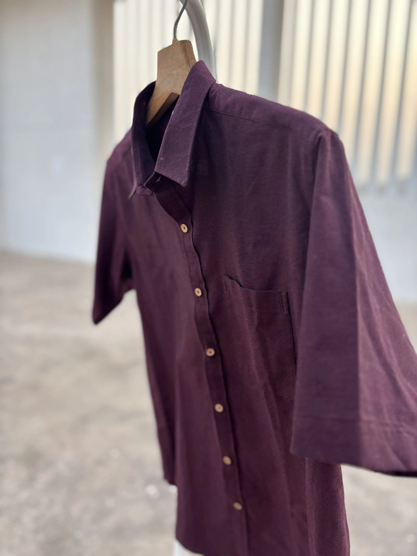 Dark Maroon Handwoven Cotton Shirt for Men | Solid Color | Coconut Shell Buttons