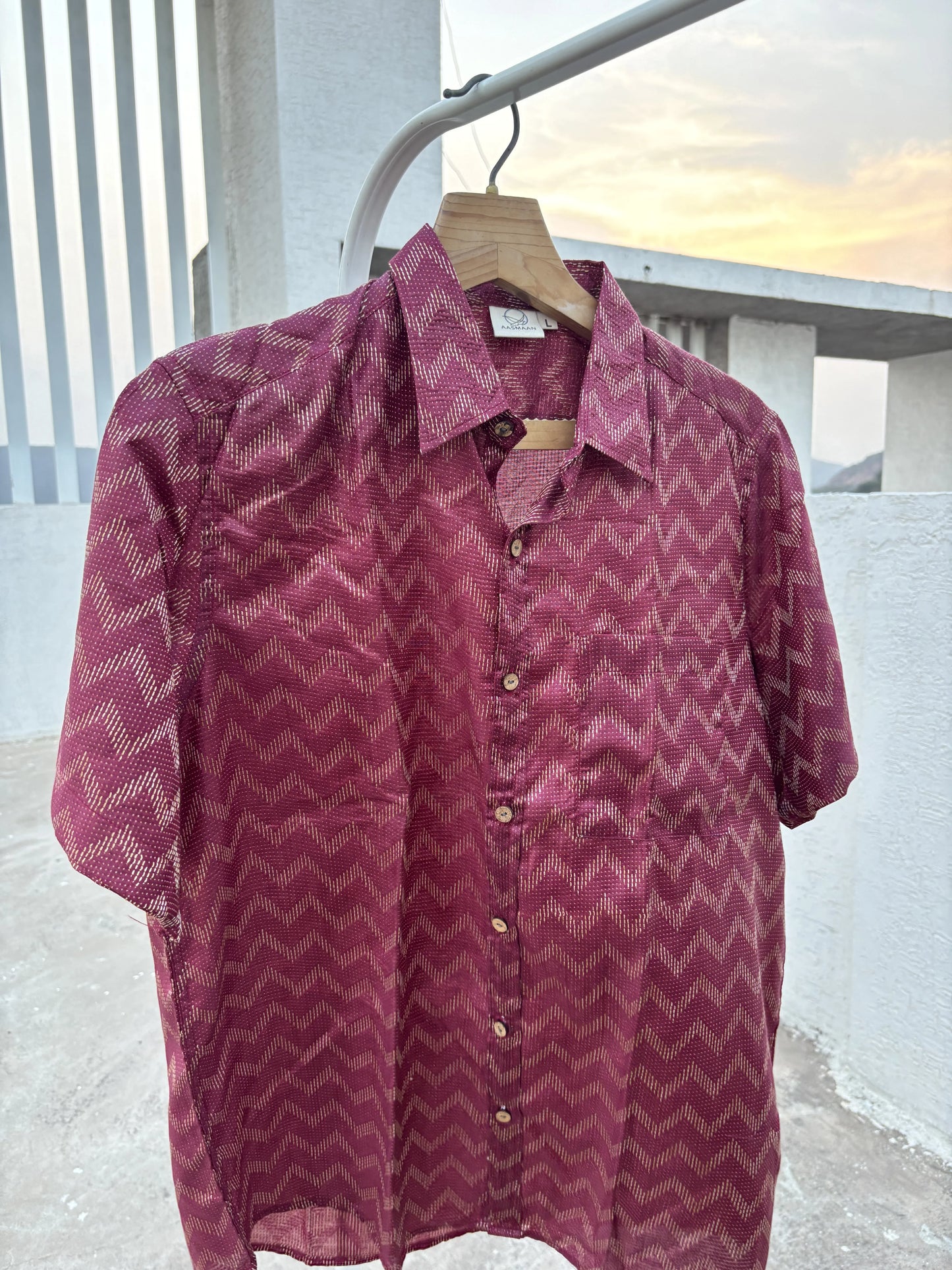 Maroon Bhagalpuri Cotton Shirt with Chevron Pattern | Aasmaan