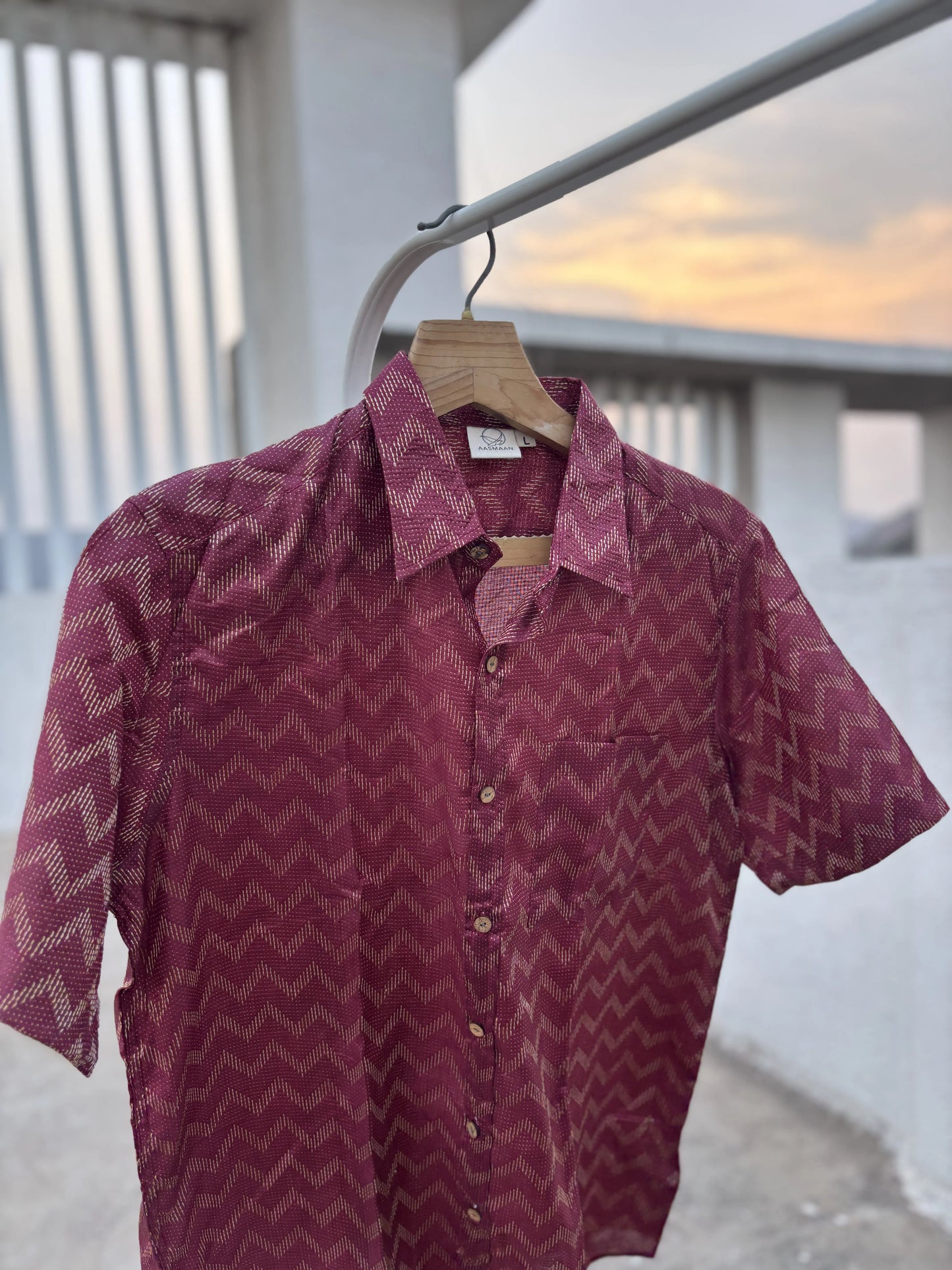 Maroon Bhagalpuri Cotton Shirt with Chevron Pattern | Aasmaan