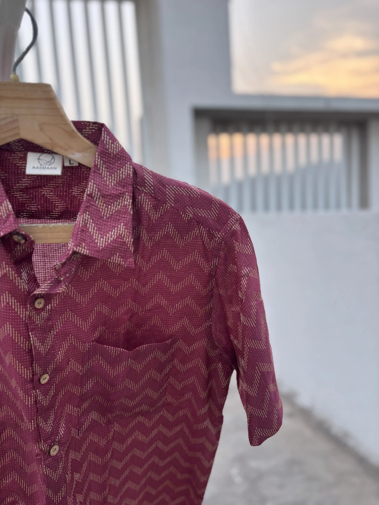 Maroon Bhagalpuri Cotton Shirt with Chevron Pattern | Aasmaan