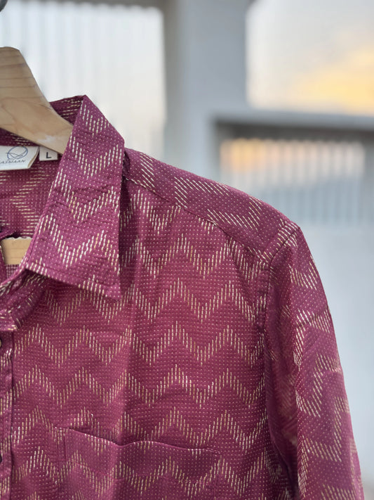 Maroon Bhagalpuri Cotton Shirt with Chevron Pattern | Aasmaan