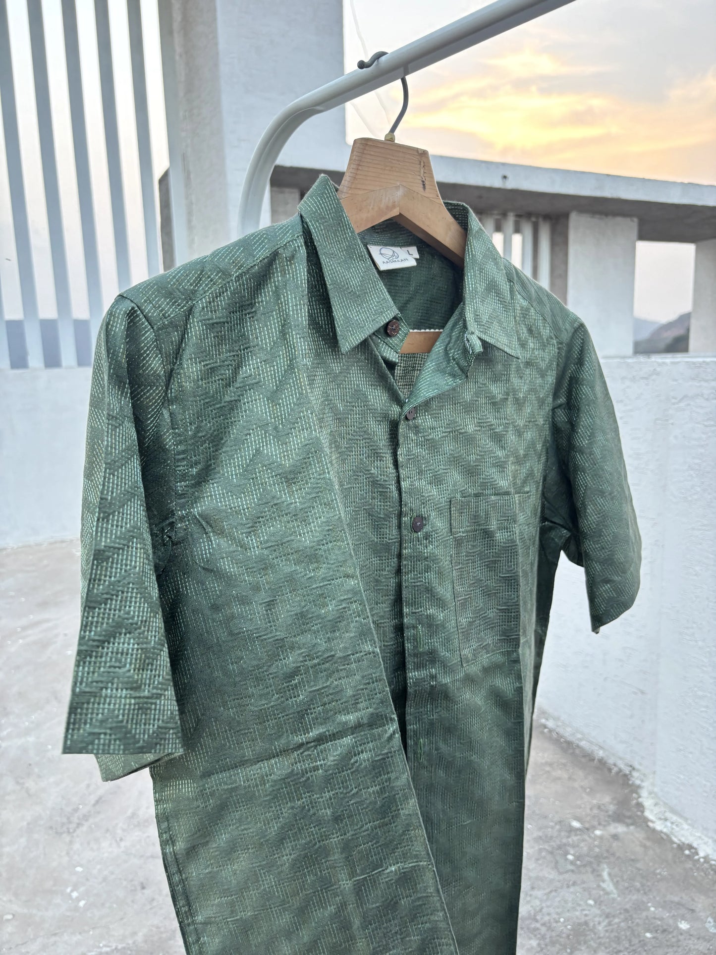 Olive Green Bhagalpuri Cotton Shirt with Chevron Pattern | Aasmaan