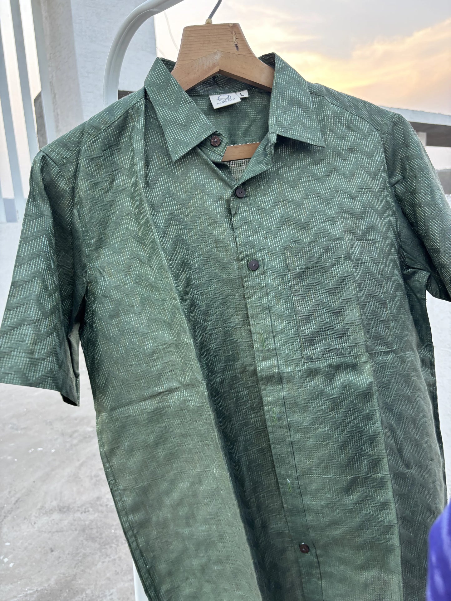 Olive Green Bhagalpuri Cotton Shirt with Chevron Pattern | Aasmaan