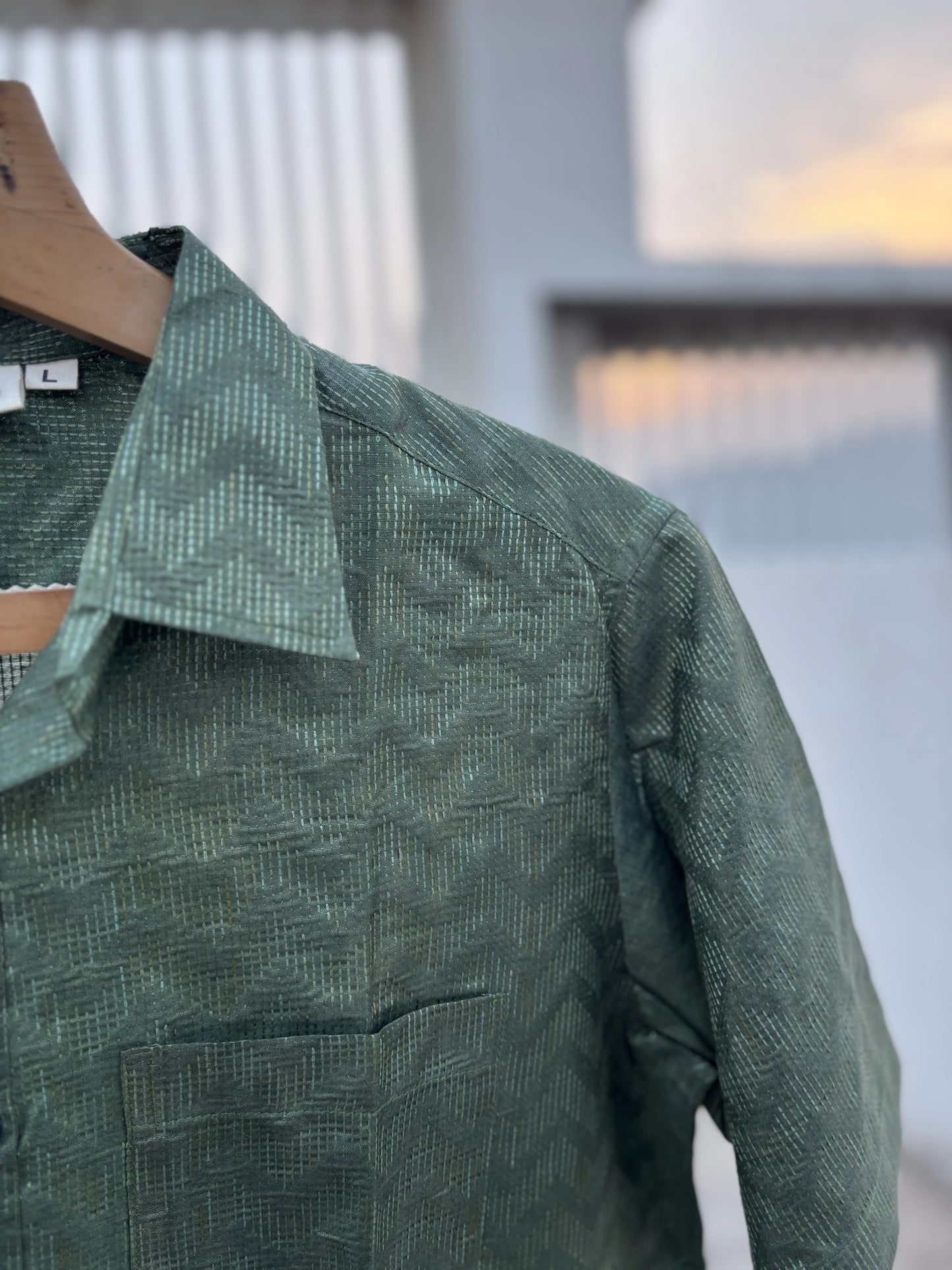 Olive Green Bhagalpuri Cotton Shirt with Chevron Pattern | Aasmaan