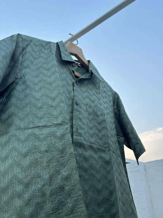 Olive Green Bhagalpuri Cotton Shirt with Chevron Pattern | Aasmaan