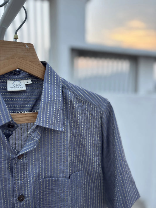 Grey Striped Bhagalpuri Cotton Shirt for Men | Aasmaan