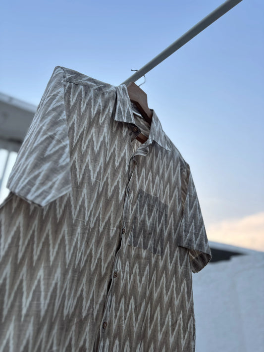 Brown Ombre Ikat Cotton Linen Shirt with Coconut Shell Buttons | Aasmaan