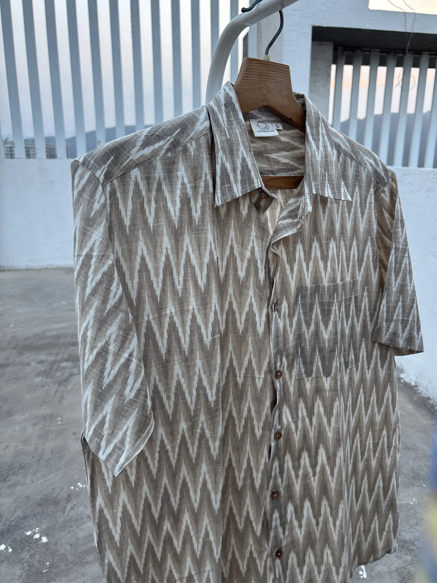 Brown Ombre Ikat Cotton Linen Shirt with Coconut Shell Buttons | Aasmaan