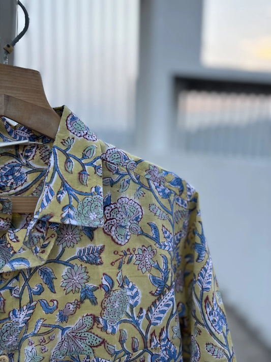 Yellow Floral Sanganeri Cotton Shirt | Aasmaan