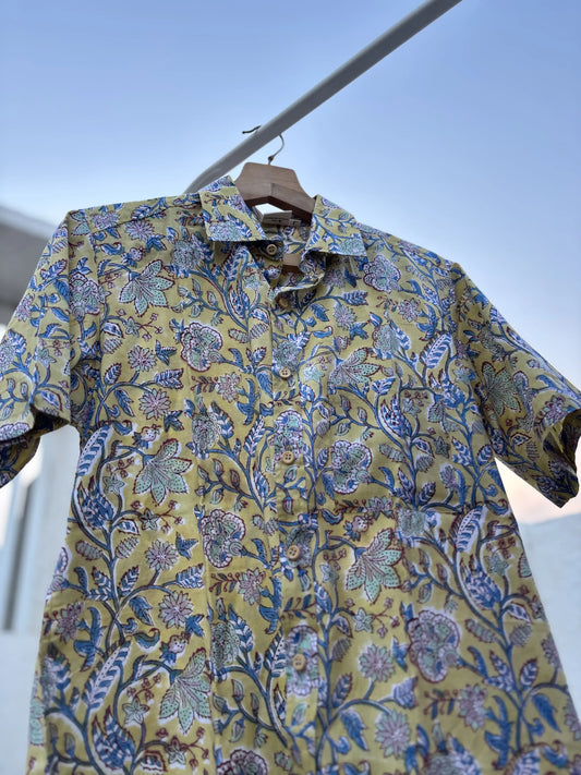 Yellow Floral Sanganeri Cotton Shirt | Aasmaan