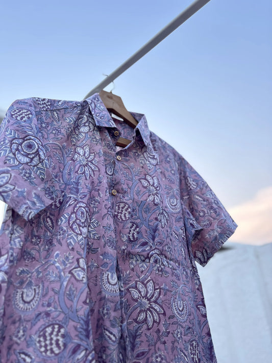 Lavender Floral Sanganeri Cotton Shirt for Men – Handcrafted | Aasmaan