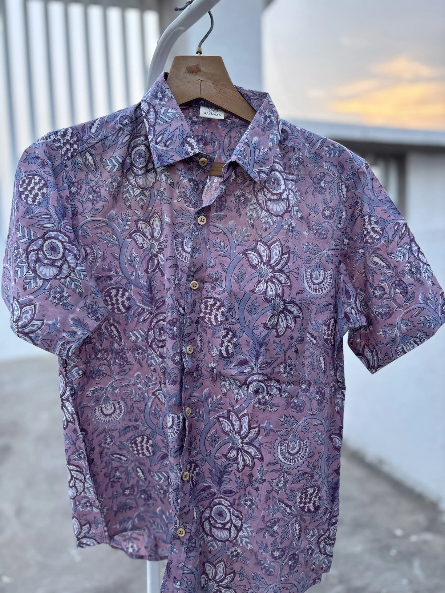 Lavender Floral Sanganeri Cotton Shirt for Men – Handcrafted | Aasmaan