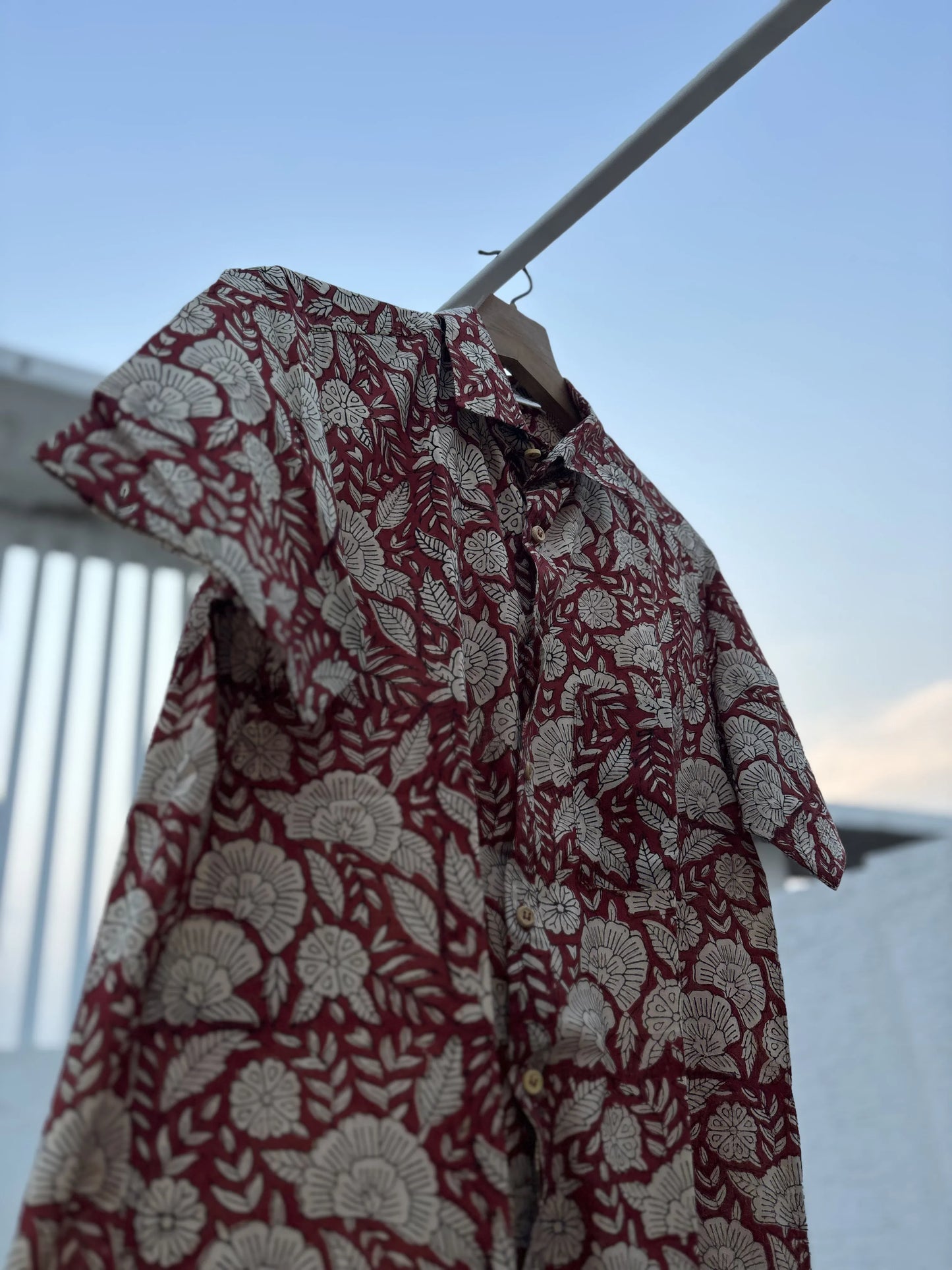 Dark Red Floral Kalamkari Cotton Shirt for Men – Handcrafted | Aasmaan