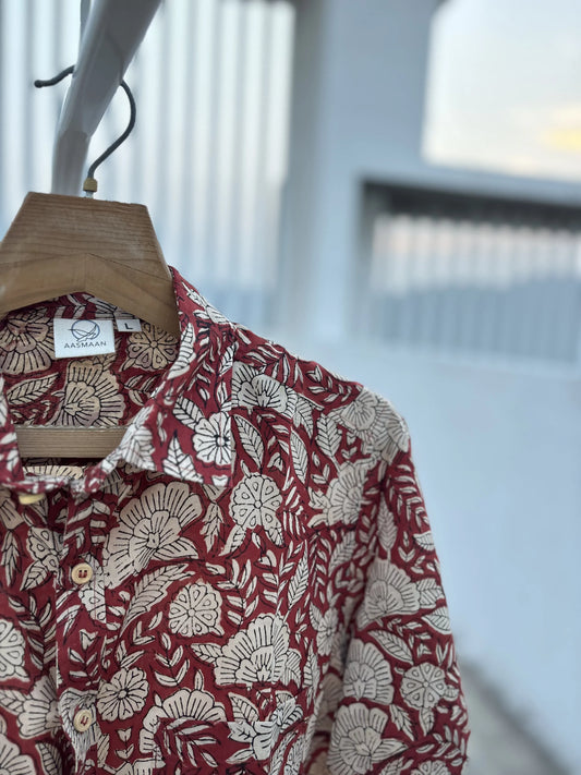 Dark Red Floral Kalamkari Cotton Shirt for Men – Handcrafted | Aasmaan