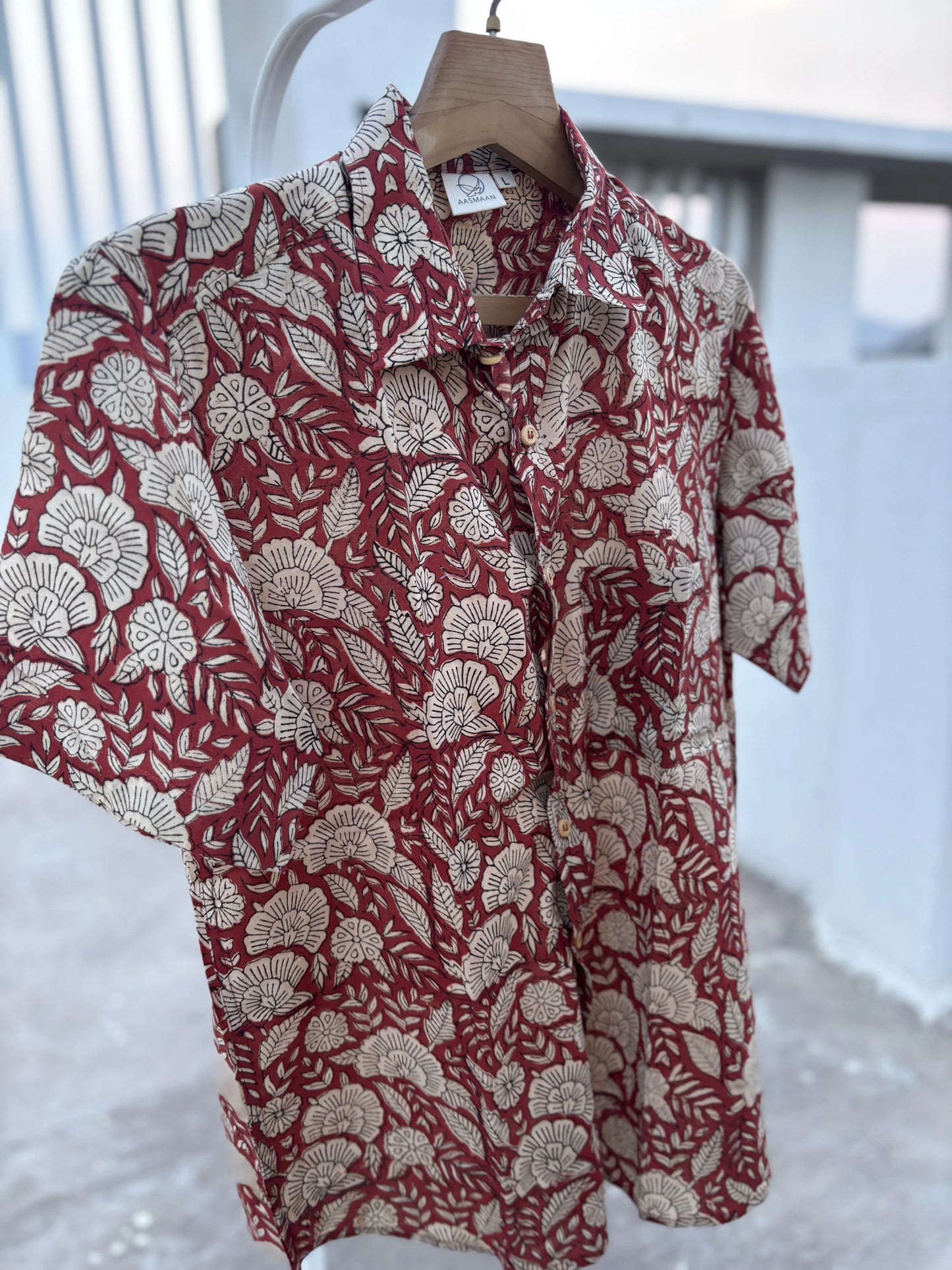 Dark Red Floral Kalamkari Cotton Shirt for Men – Handcrafted | Aasmaan