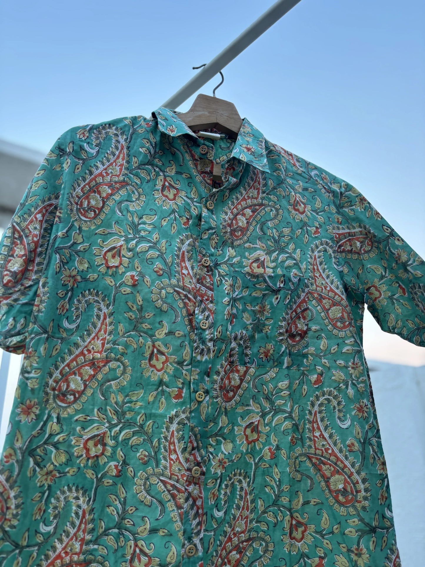 Green Floral Sanganeri Cotton Shirt with Wooden Buttons | Aasmaan