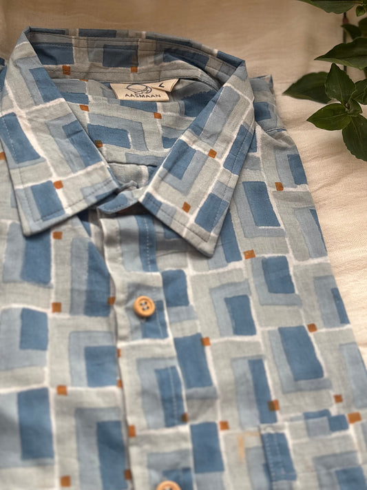Blue Abstract Check Block Printed Cotton Shirt | Relaxed Fit