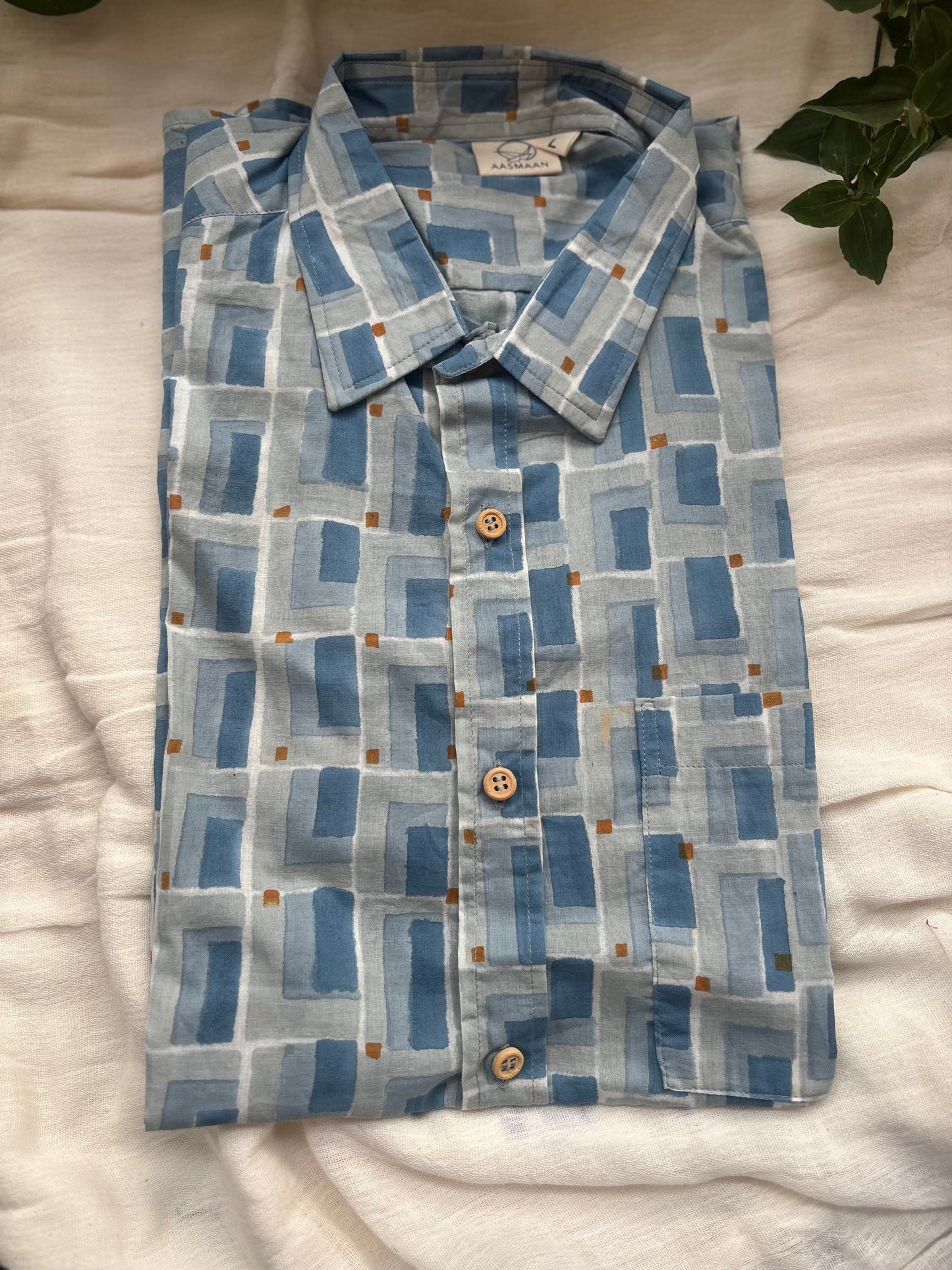 Blue Abstract Check Block Printed Cotton Shirt | Relaxed Fit