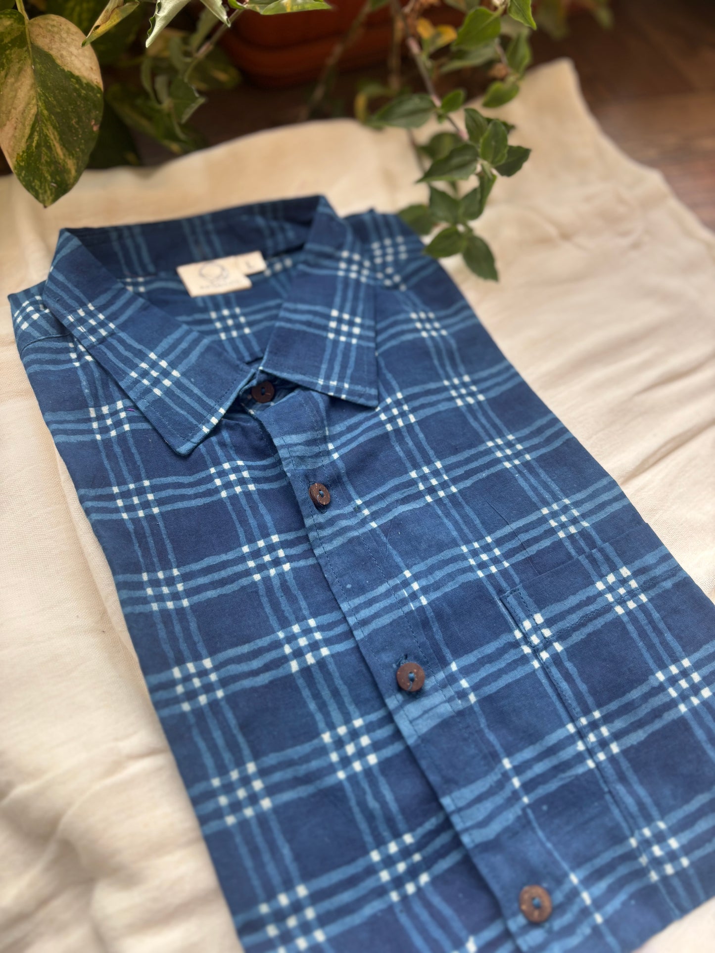 Blue Check Block Printed Cotton Shirt | Relaxed Fit