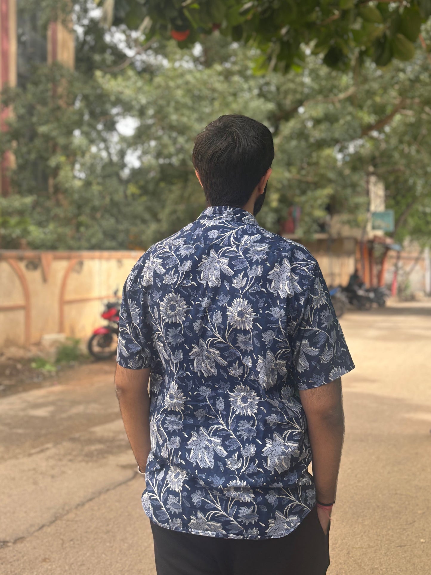 Dark Blue Sanganeri Block Print Cotton Shirt | Relaxed Fit