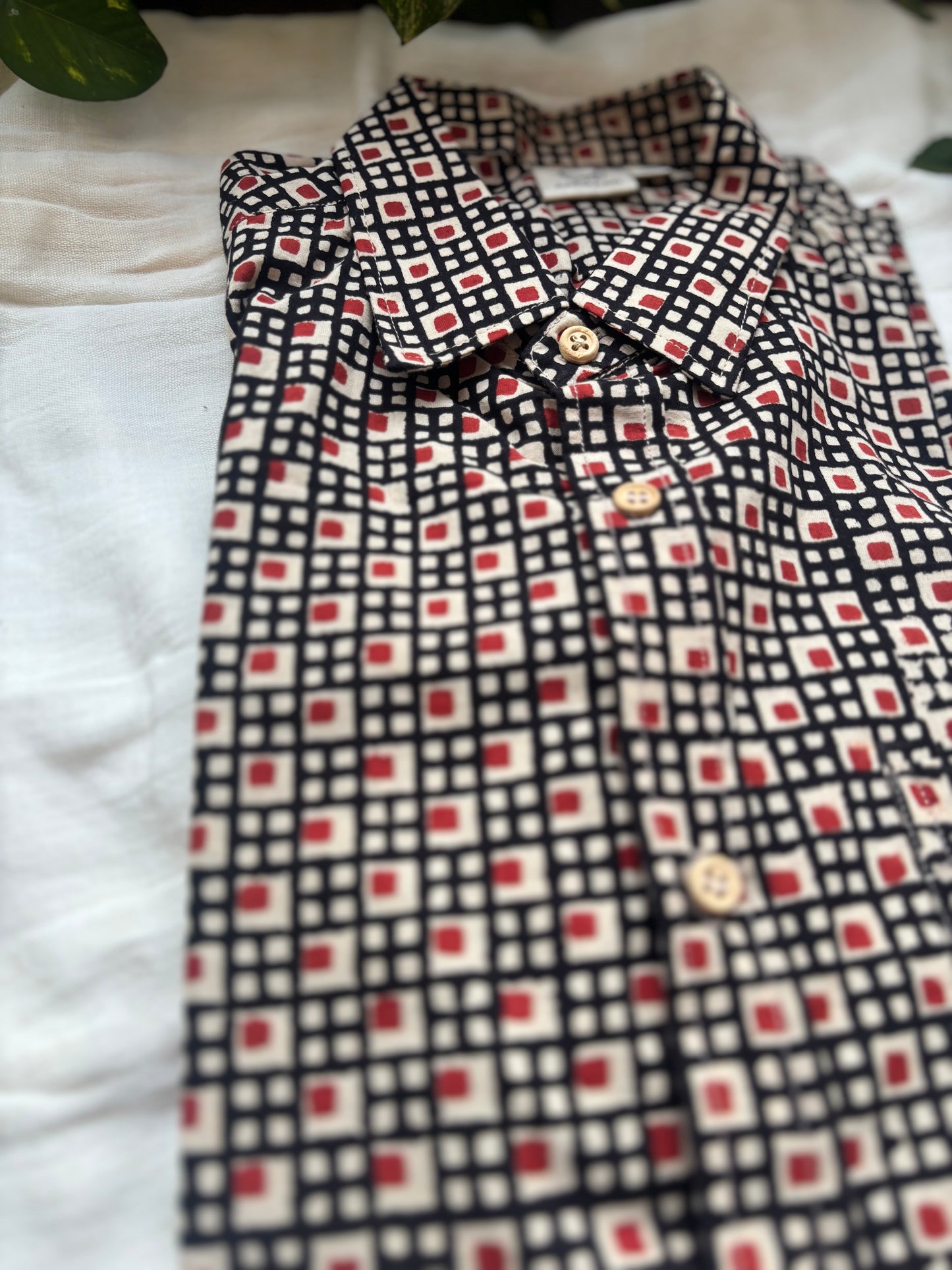 Black Abstract Check Block Printed Cotton Shirt for Men | Relaxed Fit