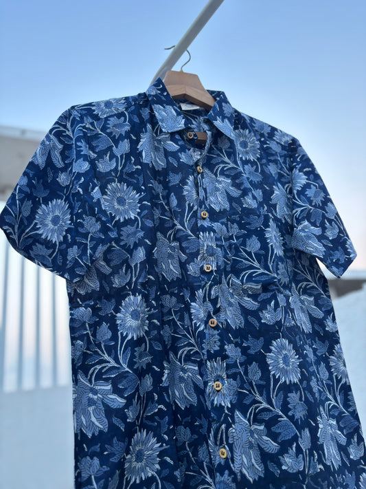 Dark Blue Sanganeri Block Print Cotton Shirt | Relaxed Fit