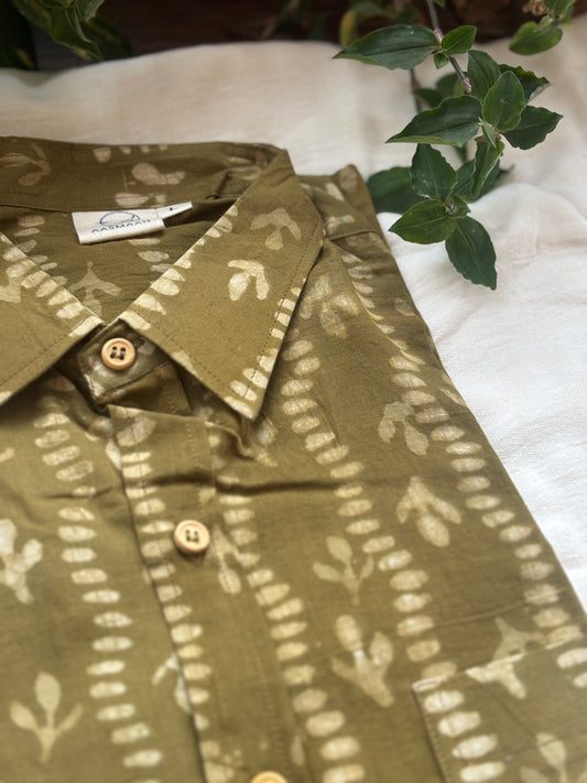 Olive Green Block Printed Cotton Shirt | Relaxed Fit