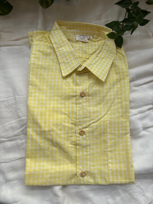 Yellow Check Block Printed Cotton Shirt | Relaxed Fit