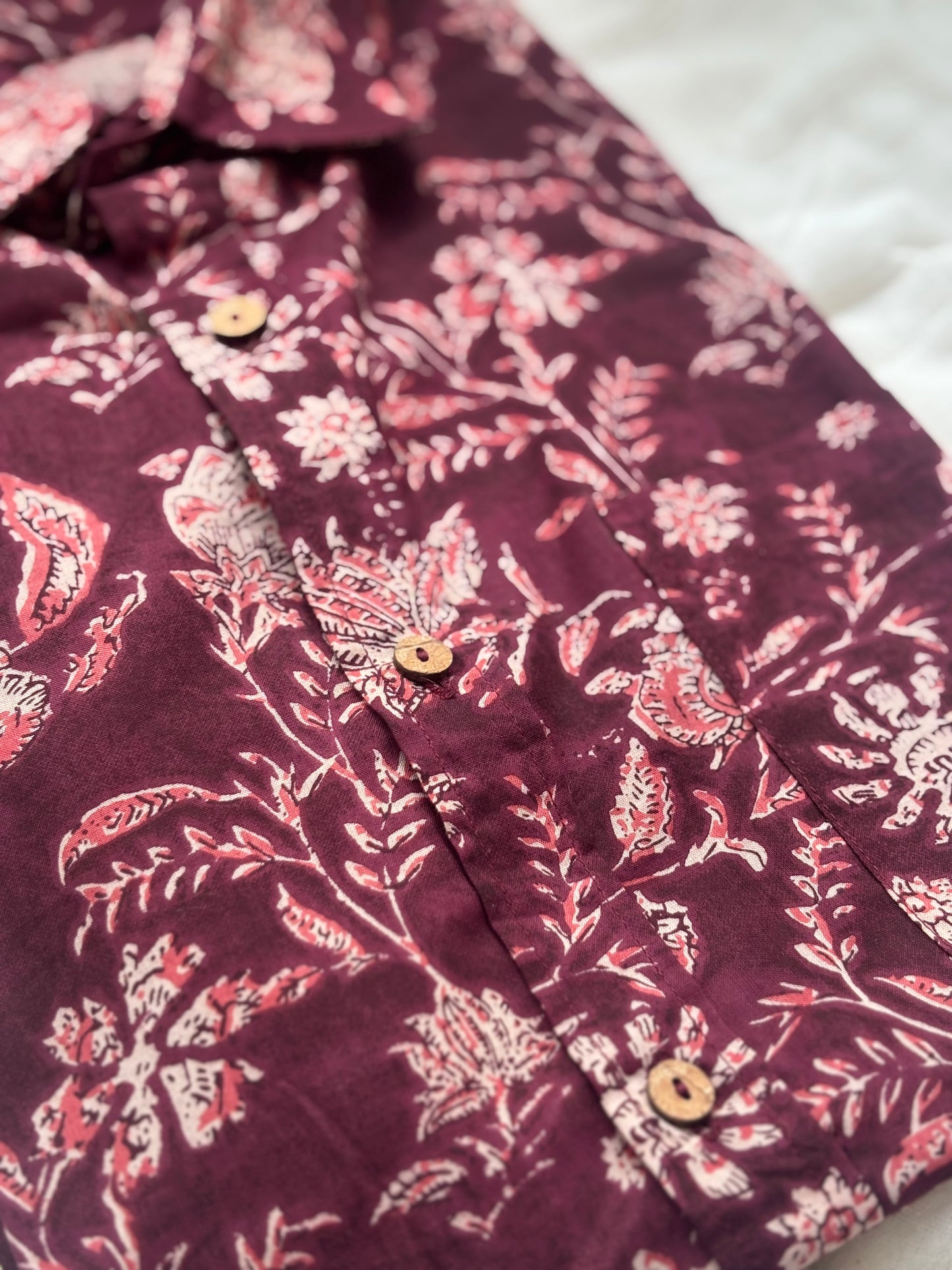 Dark Red Floral Block Printed Cotton Shirt for Men | Relaxed Fit