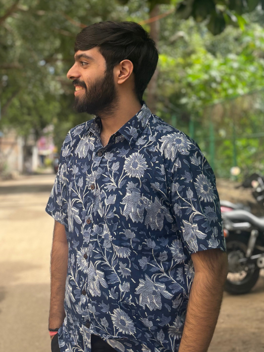 Dark Blue Sanganeri Block Print Cotton Shirt | Relaxed Fit